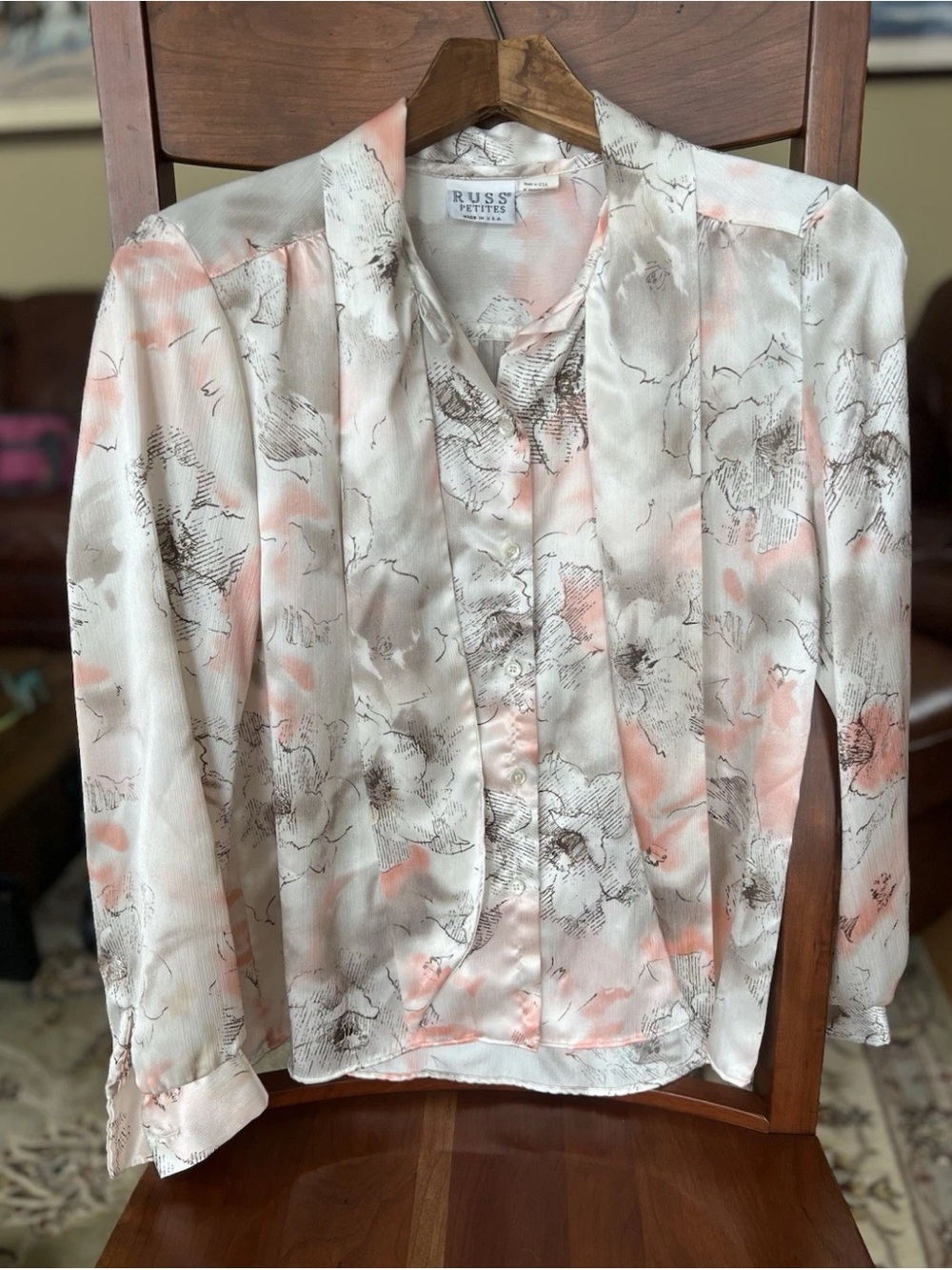 Russ Petites Silk Blouse in Blush and Cream with Black Sketch vintage